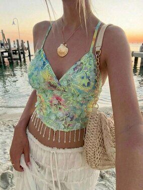 Green Boho Women's Y2K Floral Sequin Fringe Camisole Top
